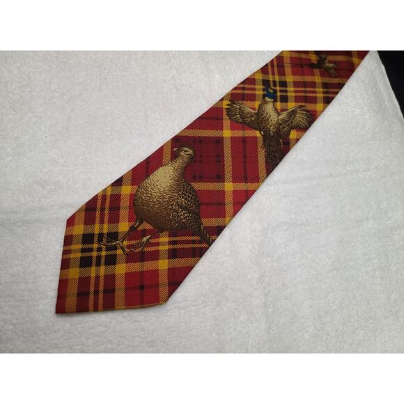 Nautica red yellow plaid pheasant bird silk tie - Picture 4 of 7